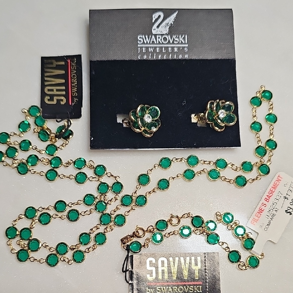 Swarovski Clip Earrings Necklace And Bravelet with Green Accents